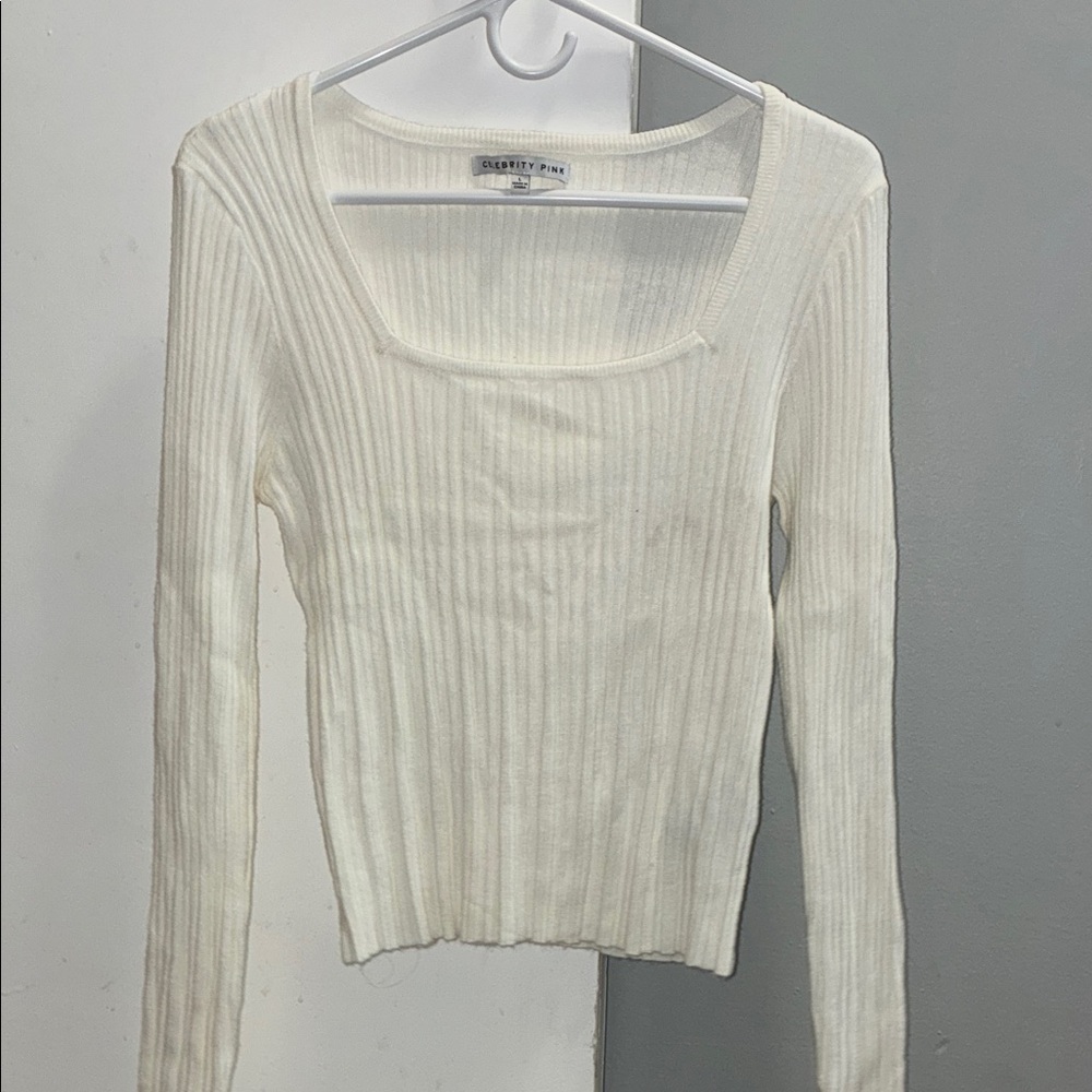 Celebrity Pink Cream Ribbed Square Neck Long Sleeve Top